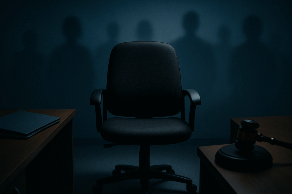 A spotlighted empty office chair in a dim corporate setting, with shadowy human figures in the background and legal elements like a gavel and file folders, symbolizing anonymous sexual harassment complaints and internal committee investigations.