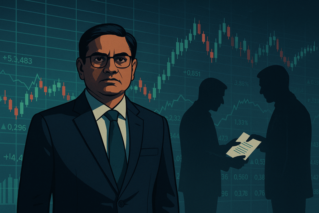 Illustration of SEBI as a vigilant figure standing in front of a digital stock exchange display with fluctuating charts, while a shadowy figure in the background secretly exchanges documents, symbolizing insider trading. The scene reflects market oversight, tension, and regulatory enforcement in a professional, corporate color scheme.