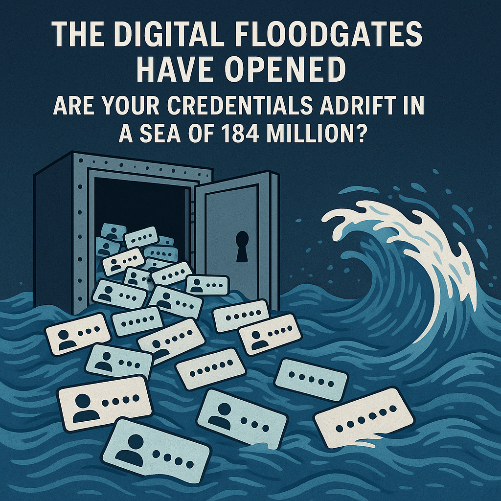 Conceptual digital illustration of a massive data breach showing floating login credentials, unlocked digital vaults, and hackers accessing personal data, symbolizing cybersecurity risks and compromised online identities.