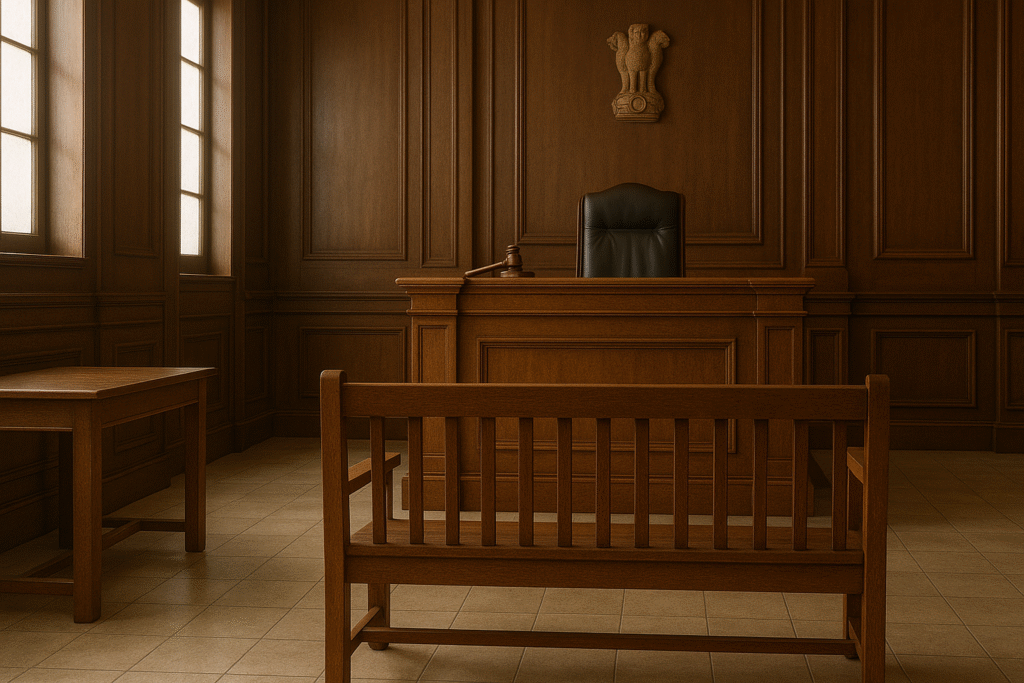 An empty courtroom with wooden benches, a judge’s seat, and a gavel resting on the bench, symbolizing justice, compassion, and fairness in legal decisions.