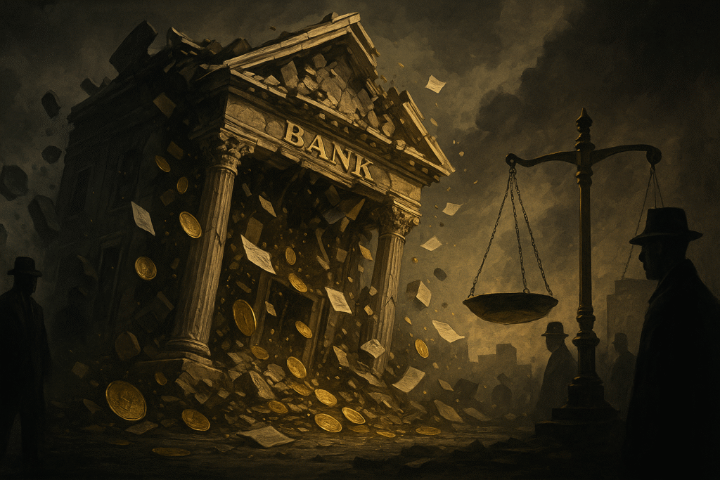 Illustration of IndusInd Bank’s scandal with collapsing bank building, falling coins, regulators investigating, and a scale of justice tilting — representing financial scandal, insider trading, and oversight failures