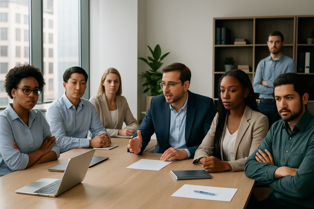 Diverse colleagues at modern office meeting table with visible tension and microaggressions affecting workplace harmony