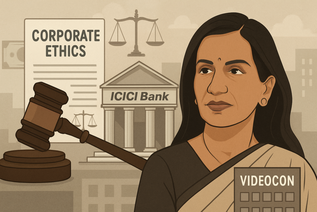 Illustration depicting the Chanda Kochhar ICICI Bank-Videocon bribe case, symbolizing financial scandal, corporate ethics, and Indian banking law in 2025.