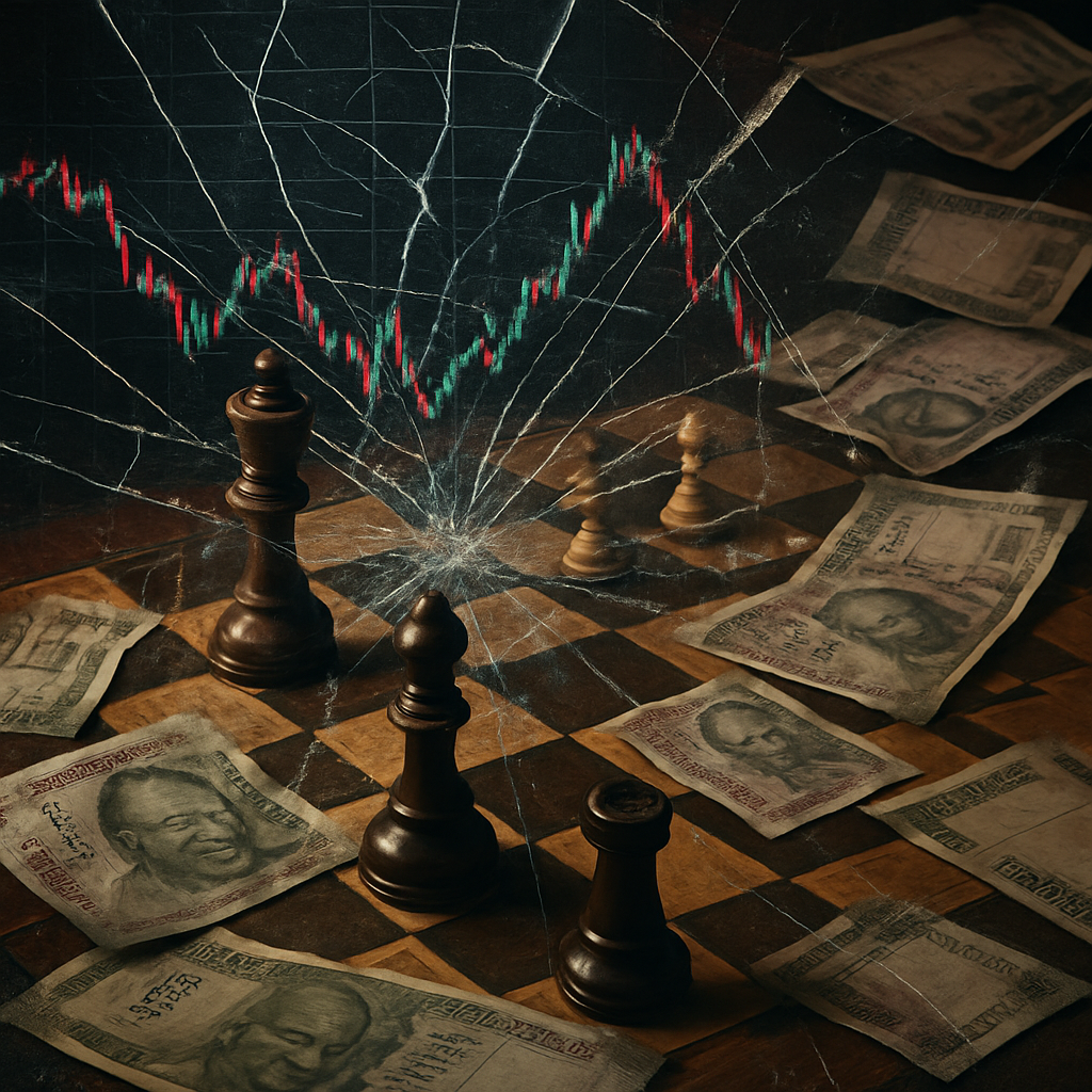 Chessboard with stock market charts shattered glass, Indian rupee notes scattered, symbolizing the Varanium Cloud financial fraud and SEBI ban in India.