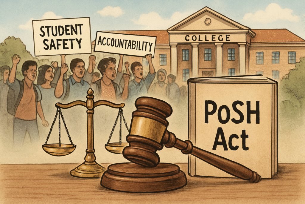 Illustration symbolizing the Odisha High Court PoSH case, featuring the scales of justice, a diverse group of students peacefully protesting, institutional buildings, and visual references to the PoSH Act and student safety laws in India, reflecting themes of legal accountability, women’s rights, and educational institution responsibility.