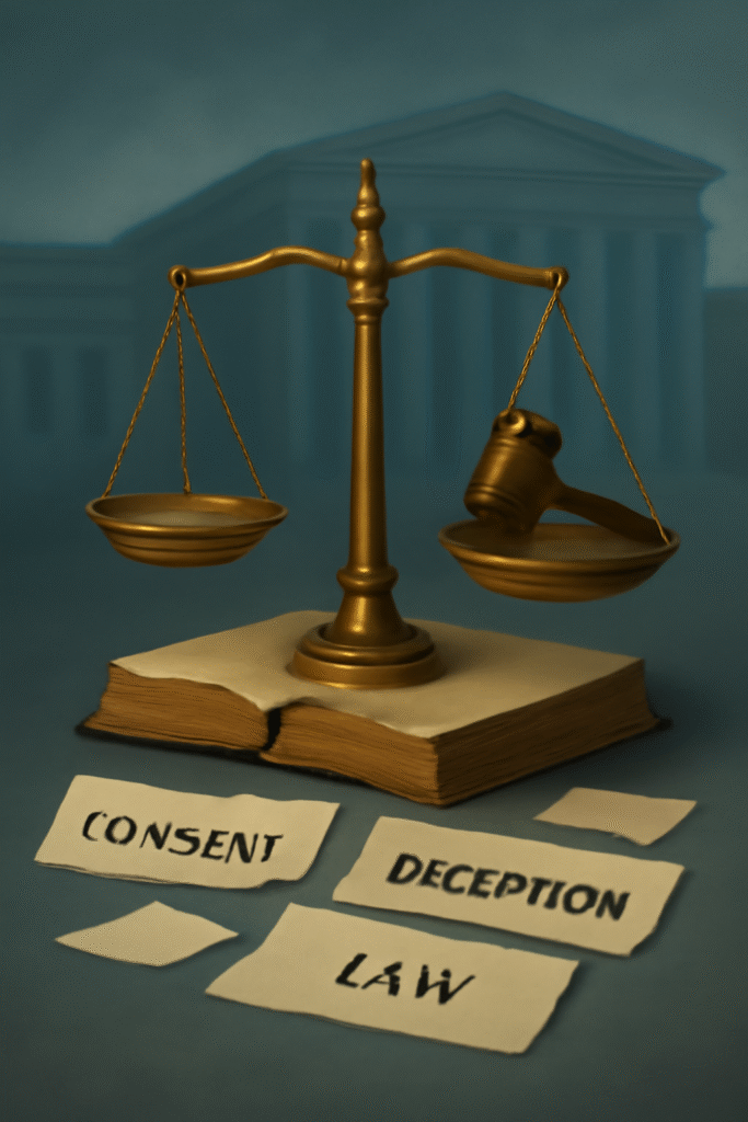 A justice scale and gavel rest atop open law books, with the pillars of an Indian courthouse in the background. Scattered legal papers in the foreground are clearly labeled “CONSENT,” “DECEPTION,” and “LAW.” The color palette is blue-gray, creating a serious and thoughtful atmosphere. No people or heart symbols are present in the composition.