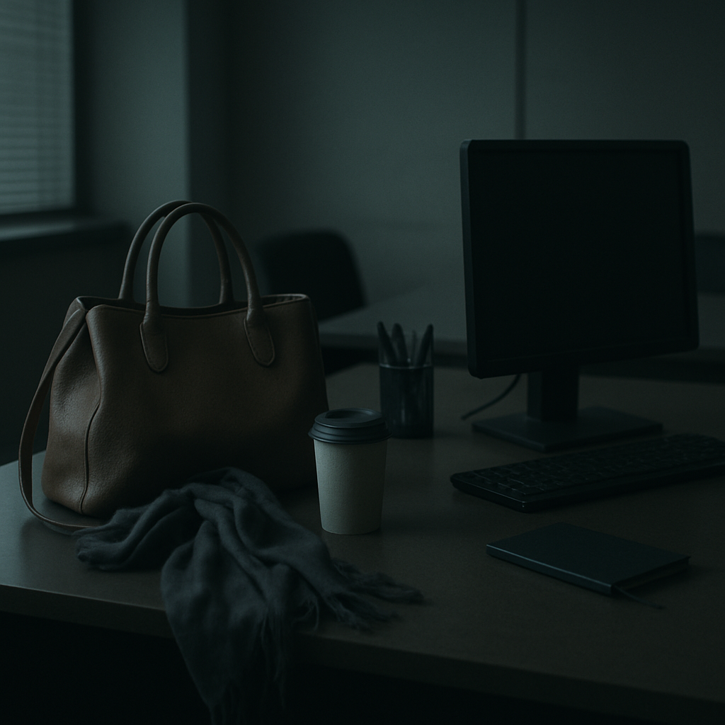 Empty office desk with a woman's belongings left behind in dim lighting, symbolizing silence, departure, and workplace isolation in a corporate environment.