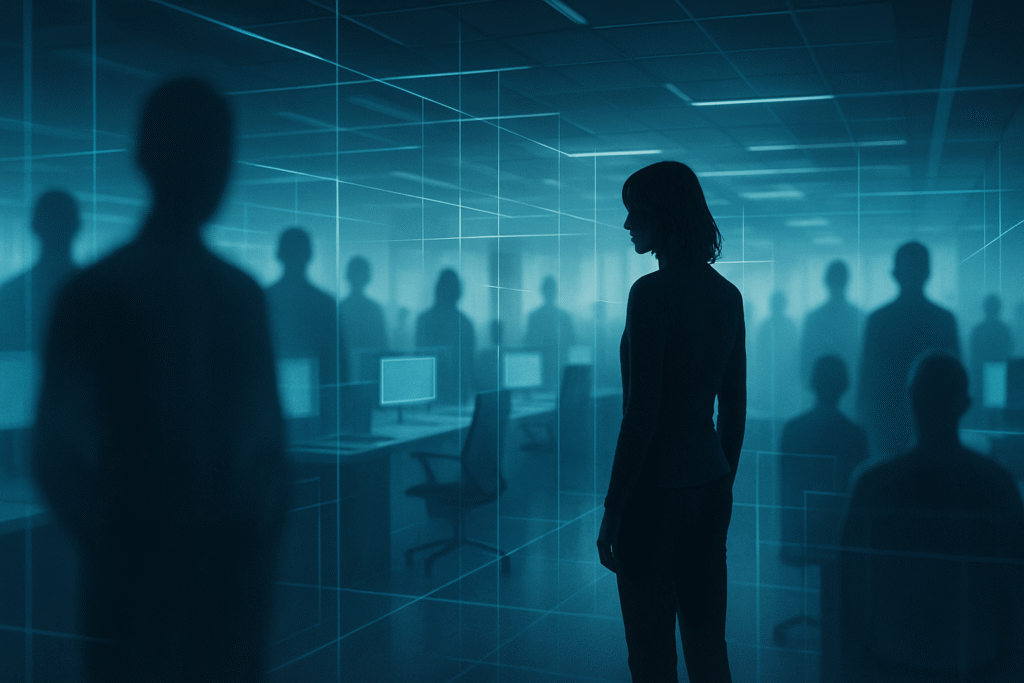 A solitary woman stands in a large, modern tech office, her form partially shadowed. She is surrounded by anonymous, blurred figures and digital barriers, visually representing feelings of isolation and the courage required to speak up within a powerful corporate environment.