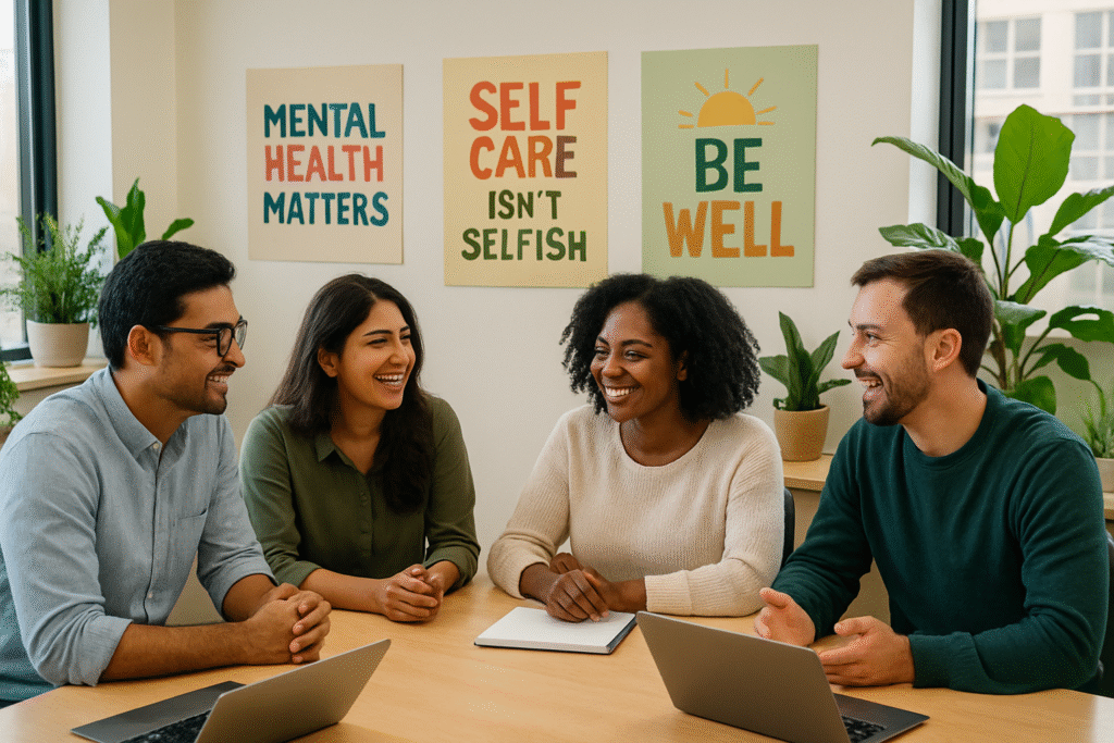 Diverse Indian corporate team discussing mental health and wellness in a modern office, promoting a positive workplace environment.