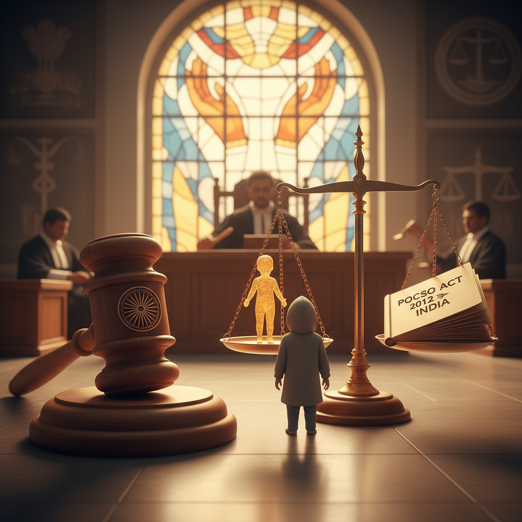 Symbolic faceless courtroom scene illustrating child protection and POCSO law debate in India, featuring judge’s gavel, legal scales, and a child figure with no visible faces for privacy and sensitivity.