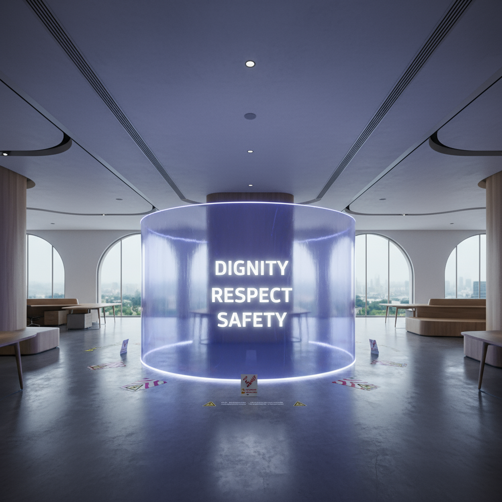 Abstract visual of a modern Indian office with a protective glowing shield and floating English words “dignity,” “respect,” and “safety”—symbolizing workplace safety and compliance under the PoSH Act, 2013 in India, promoting a respectful and secure work environment for employees in Delhi and across India.