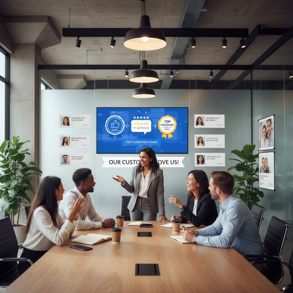 Indian sales coach guiding team in office, demonstrating emotional intelligence and social proof with visible customer reviews and success badges.