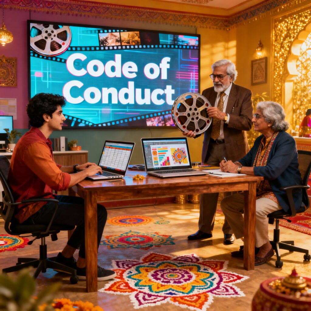 Bollywood-inspired office scene showing diverse generations collaborating, film reels and Code of Conduct symbolizing generational diversity and inclusion at work in India, 2025