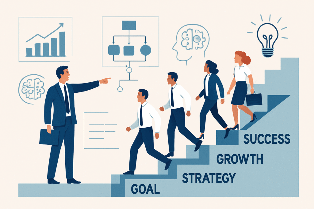 A business leader stands at the base of a staircase made of measurable success steps, guiding a diverse sales team upward. Along the stairs are icons representing key coaching frameworks and brain-inspired elements, symbolizing neuroscience-driven coaching in a modern corporate setting.