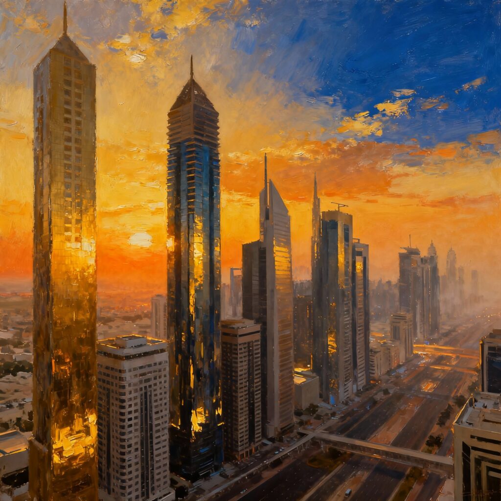 Modern Middle East skyline painting featuring iconic buildings, illuminated by a golden sunset.