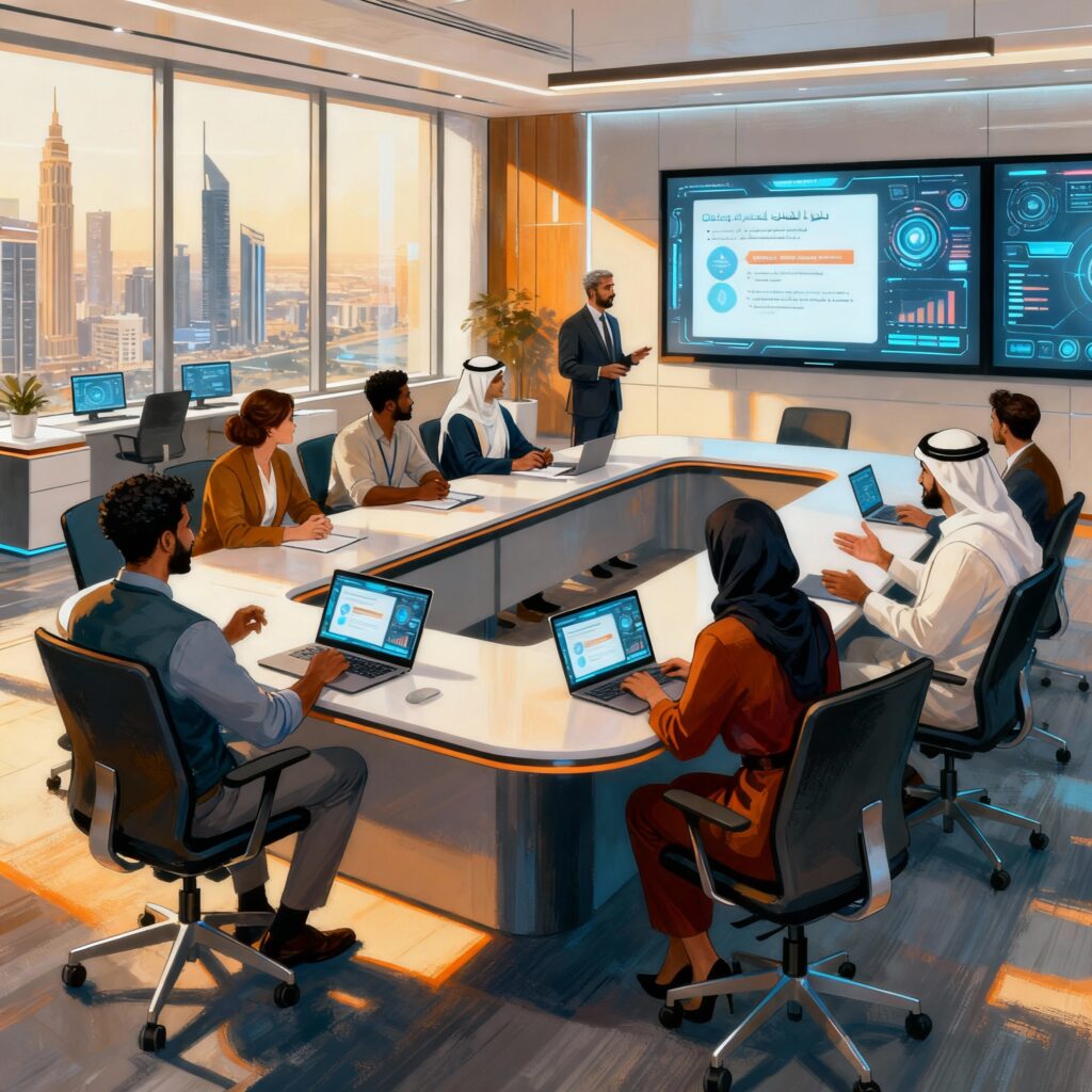 Corporate training workshop in a modern GCC office with a diverse team using digital technology.