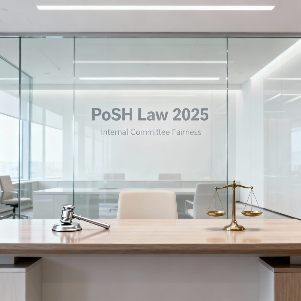 Modern corporate office interior symbolizing PoSH Law 2025 compliance and internal committee fairness with legal symbols and transparent glass walls, no people