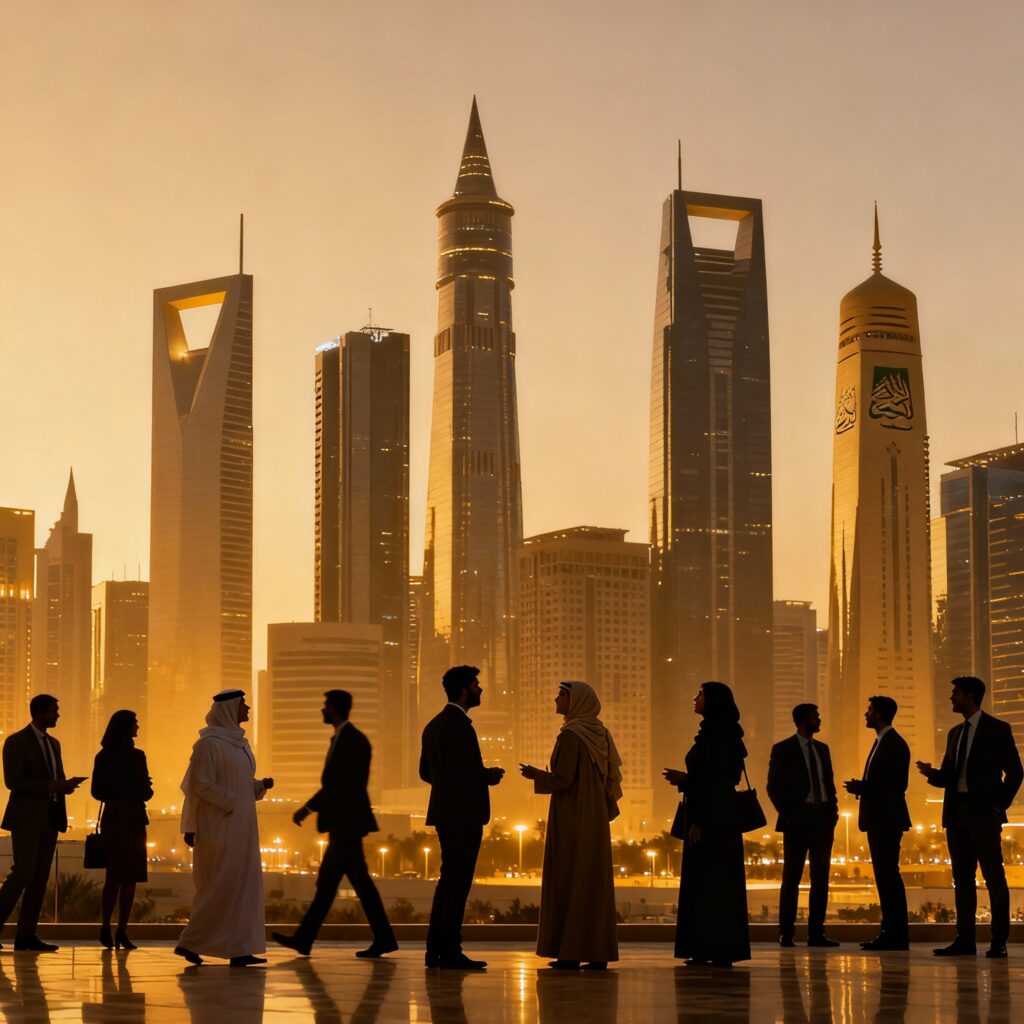 Modern Riyadh Saudi Arabia skyline with diverse silhouettes of male and female business professionals in the foreground, representing inclusive contemporary workplace culture and leadership in KSA, text-free.